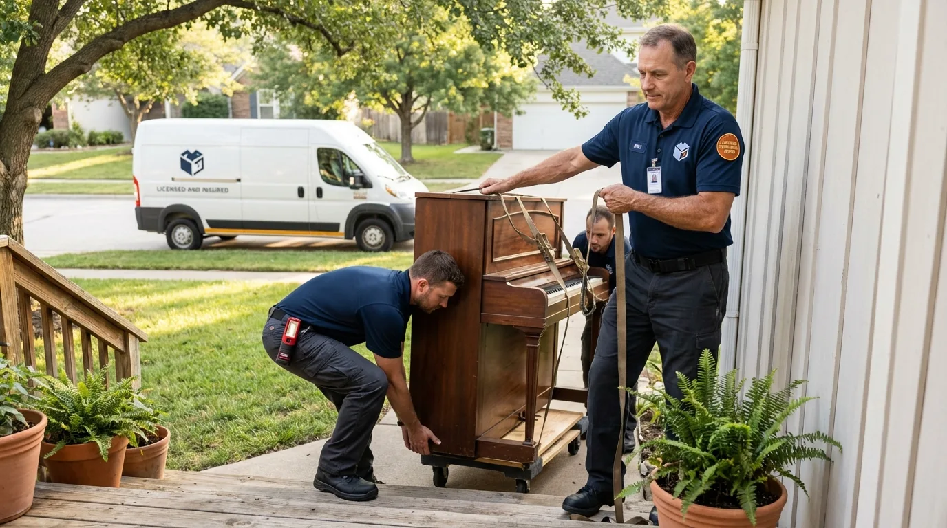 Licensed piano movers securing grand piano in Lake Worth, FL