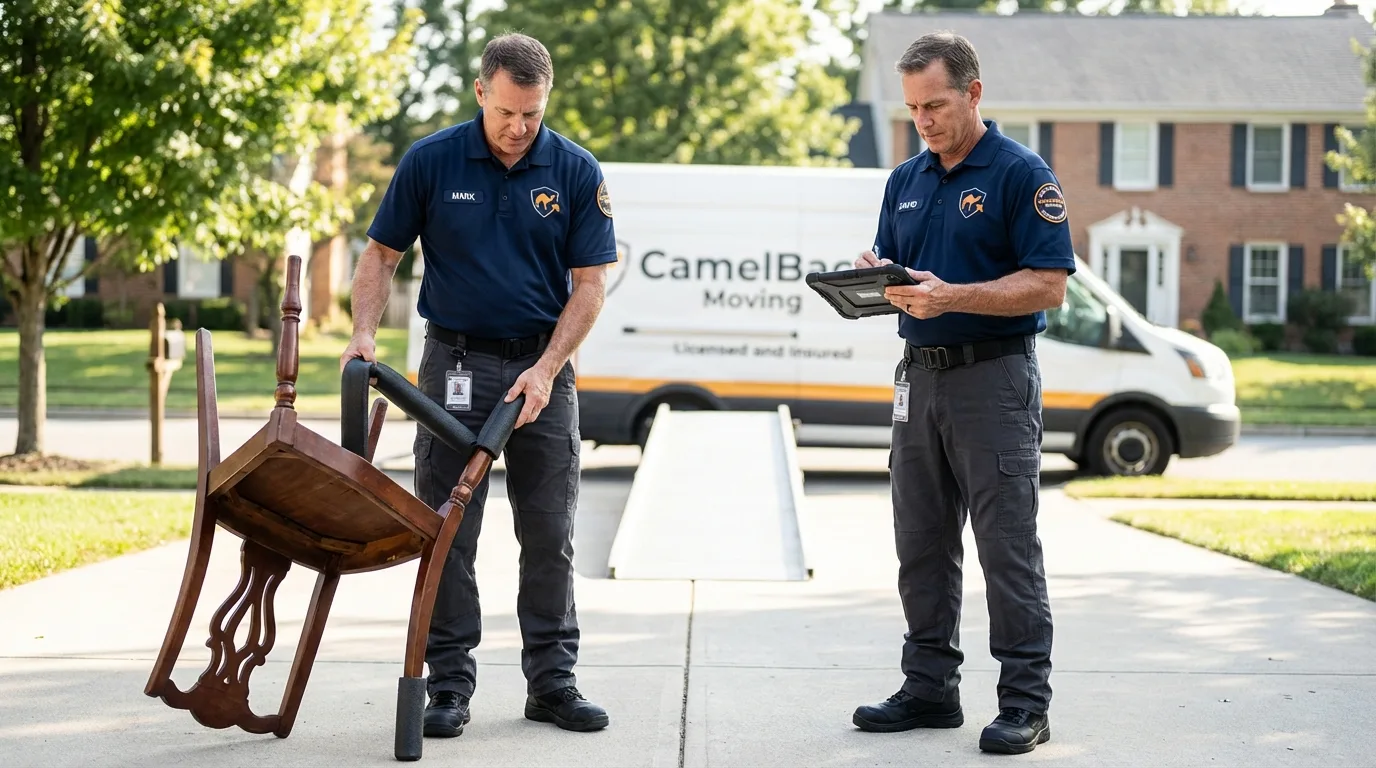 Movers inspecting furniture for damage prevention before loading in Lake Worth, FL